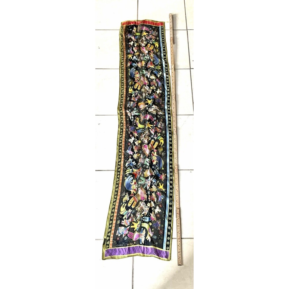 Laurel Burch 100% Silk Rare Whimsical Fairy Cat Colorful Patterned Scarf